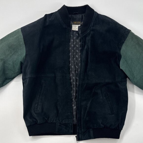 Vintage 90s Suede Leather Jacket Mens Large Bomber Pockets Zip Colorblock Retro - Picture 1 of 16